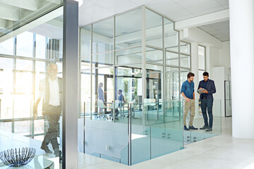 Corporate, office and business people on tablet for meeting, collaboration and teamwork. Workplace...