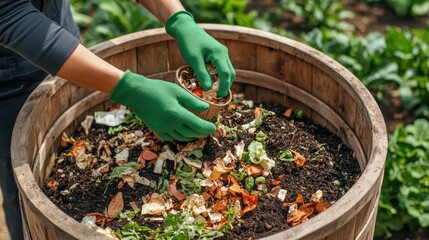 Fototapeta premium A lush backyard garden with a neatly organized composting station, featuring a wooden compost bin filled with organic waste such as vegetable peels, coffee grounds, and dry leaves. A person wearing