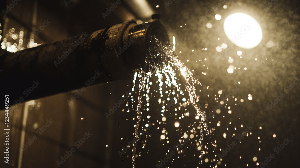 Poster water leaking from a rusty pipe with a bright light shining through droplets, creating a dramatic ef