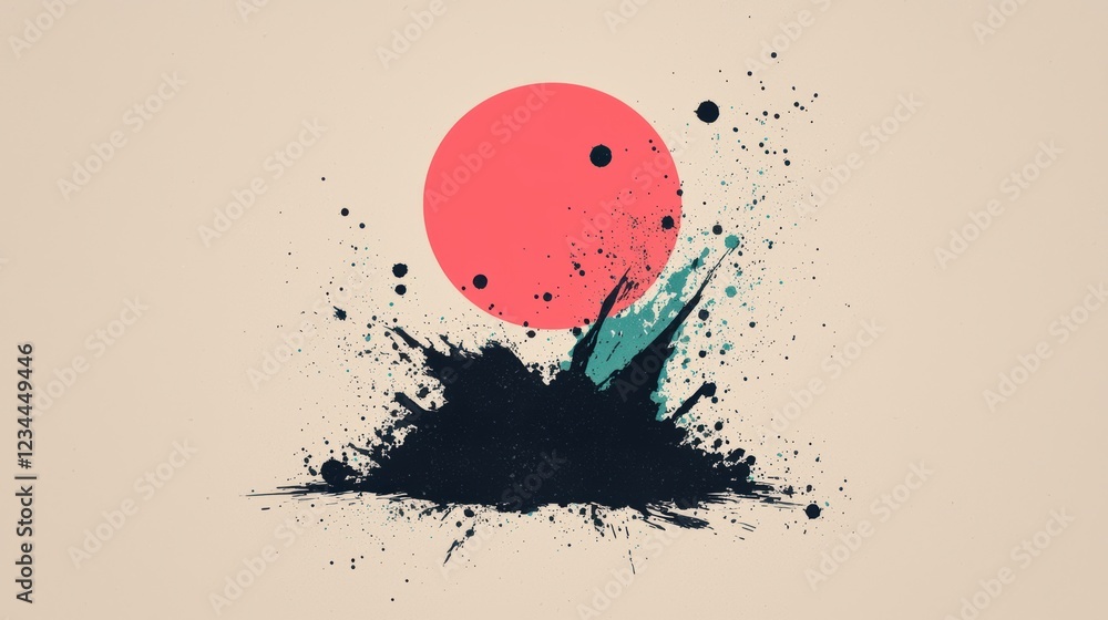 Poster dynamic abstract art with soft mint green and bold red elements on neutral background