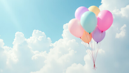 Happy colorful balloons lifting into sky, perfect for celebrations or joyous occasions.