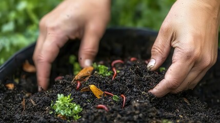 A close-up of hands sifting through dark, nutrient-rich compost, showcasing the decomposition of organic matter into fertile soil. Small earthworms wriggle among decomposed leaves and vegetable