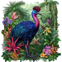 Naklejka premium Vibrant Cassowary Bird Surrounded by Lush Tropical Foliage and Colorful Flowers in a Jungle Setting
