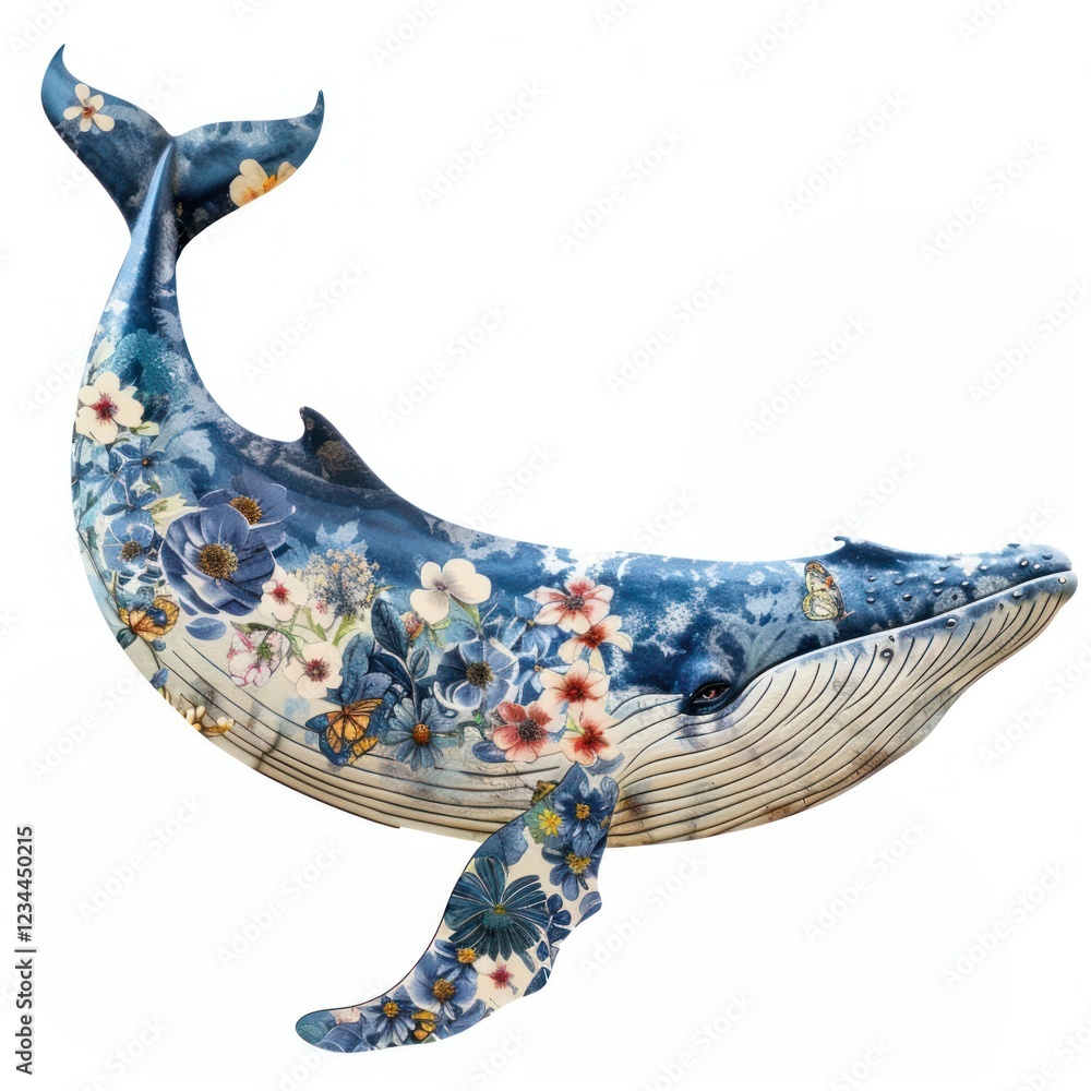 Wall mural Flower Collage blue whale porcelain pottery animal.