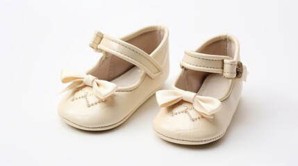 Delicate cream-colored baby shoes adorned with detailed stitching and bows, perfect for a special occasion or cherished keepsake.