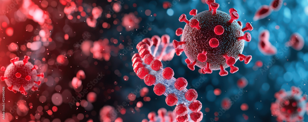 Poster microscopic view of modified genetic material and virus particles, showcasing intricate details and 