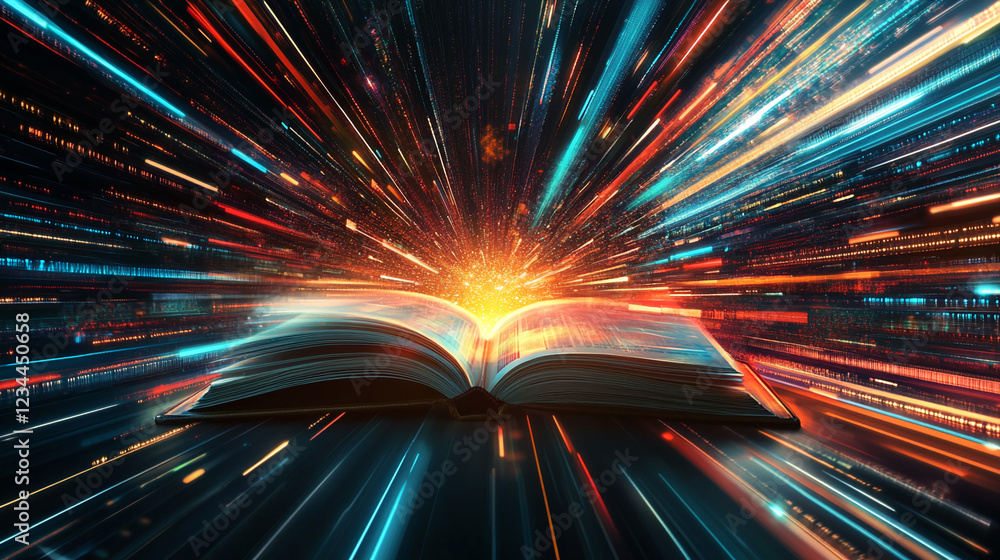 Aufkleber Open book surrounded by a burst of glowing data streams, symbolizing the explosion of knowledge and information in the digital age.
