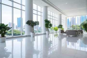 Fototapeta premium Bright and Spacious Lobby with Large White Marble Floor Surrounded by Green Plants and Panoramic Windows in Modern Office Building