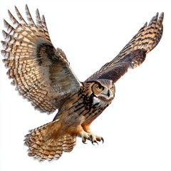 Majestic Owl in Flight with Outstretched Wings Captured Against a Clean Background