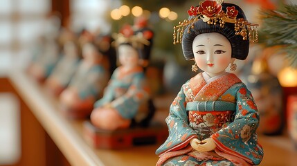 High-quality photo of a well-decorated Hina doll display, complete with intricate details and vibrant traditional attire, against a blurred festive background