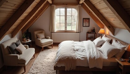 Cozy Attic Bedroom with Natural Light and Rustic Charm