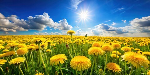 Obraz premium A sunny field with a sea of bright yellow dandelions swaying gently in the breeze under a brilliant blue sky with few white clouds , dandelion field, farm landscape