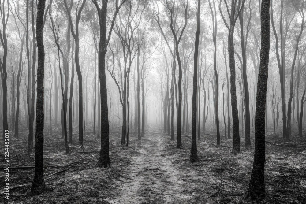 Aufkleber enigmatic fog covered forest with tall trees creating a mysterious atmosphere, emphasizing nature s 