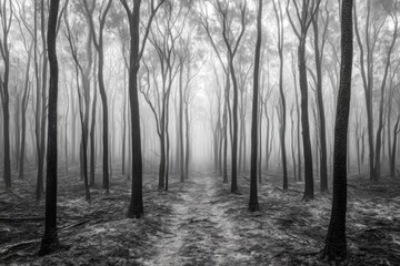 Enigmatic fog covered forest with tall trees creating a mysterious atmosphere, emphasizing nature s beauty and tranquility, perfect for exploration or meditation