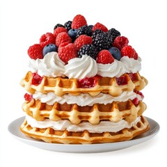 A stack of fluffy Belgian waffles with berries and whipped cream, isolated white background, modern art style