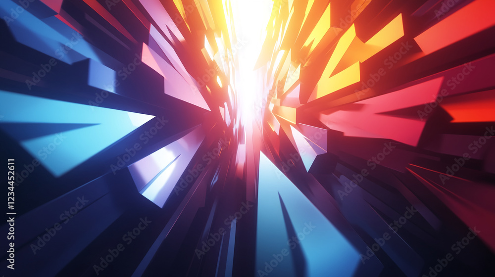 Poster abstract 3d geometric design with sharp, colorful shapes converging toward the center, symbolizing e
