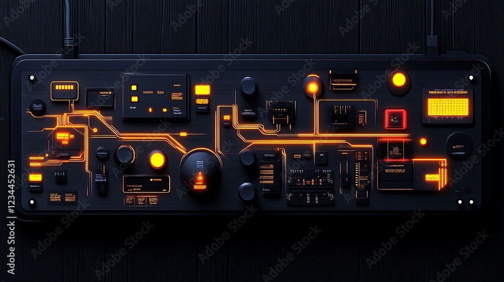 Poster futuristic control panel with orange glowing lines and buttons on dark surface 99