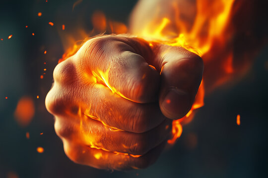 Strong male man exploding burning fire fist punch, fight concept background.