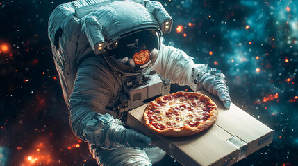 An astronaut courier delivers pizza in space. Delivery service from the future