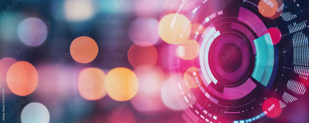 Poster futuristic digital interface with vibrant colors and bokeh effect