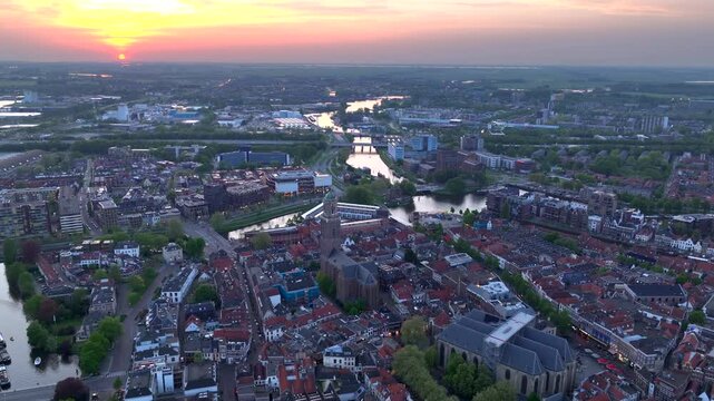 Zwolle, City in the Netherlands at Evening time. Aerial of the medieval Peperbus tower and citycenter during sunset.