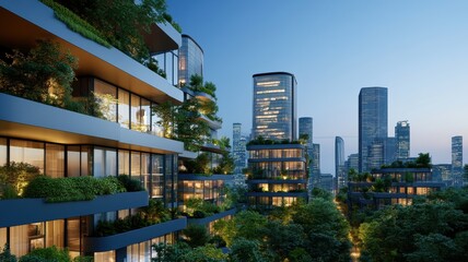 Fototapeta premium Stunning modern skyscraper at dusk with glowing windows reflecting the vibrant city skyline.