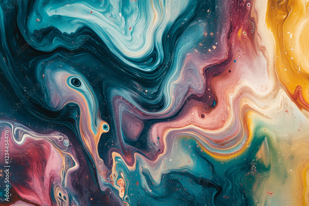 Poster colorful abstract swirl of liquid paint blending together in fluid motion, showcasing vibrant and dy