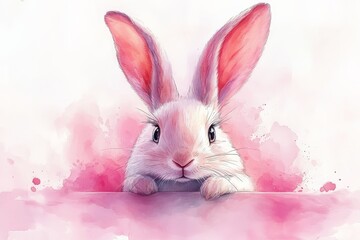 Cute rabbit with big ears looking curiously at the viewer in a soft pink background