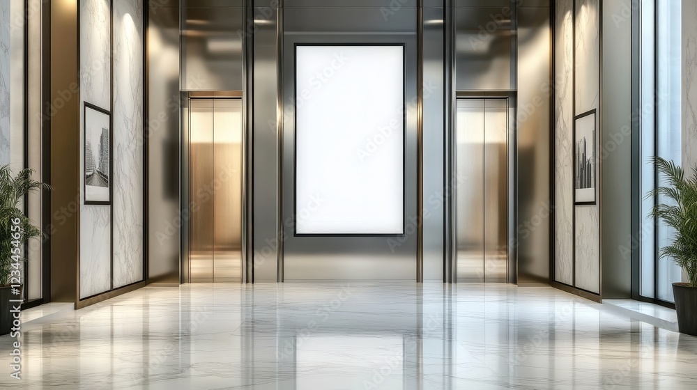 Poster modern indoor scene featuring an empty blank poster space in a sleek lobby with elegant elevators an