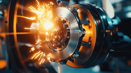 Dynamic Close-Up of Precision Engine Component with Sparks and Light