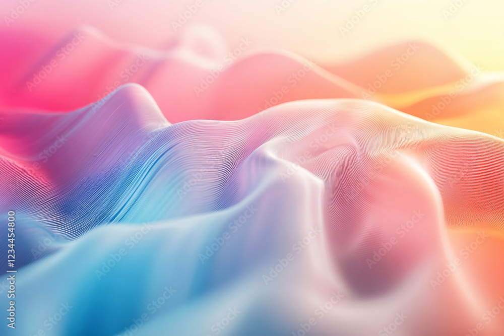 Poster soft pastel waves flowing in vibrant hues of pink, orange, and blue, creating a calming and dynamic 