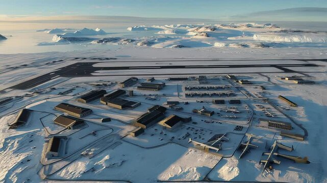 Antarctic research station with airfield under majestic mountains