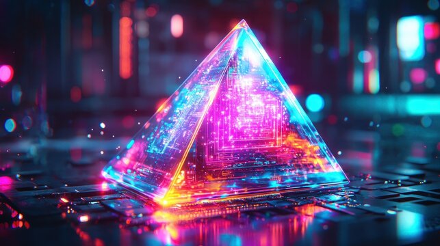 Glowing pyramid with circuit board in futuristic cityscape - Powered by Adobe