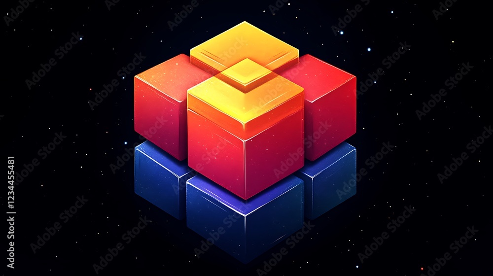 Poster abstract isometric cube formation with vibrant colors floating in starry space