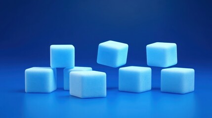Obraz premium Scattered light blue cubes on blue background.