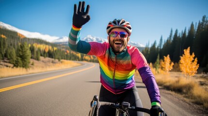 Naklejka premium A smiling cyclist in colorful gear pedals enthusiastically through a scenic autumn landscape, surrounded by vivid foliage and clear blue skies.