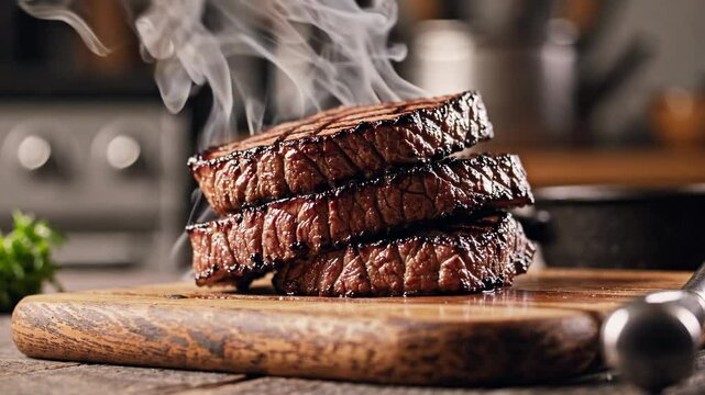 Grilled beef steaks stacked with steam rising, culinary delight concept