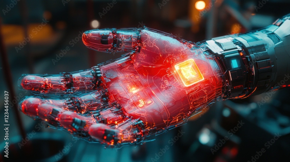 Poster glowing robotic hand in workshop with blurry background