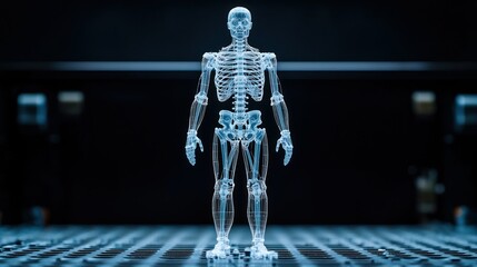 Glowing skeleton standing on grid in dark tech room