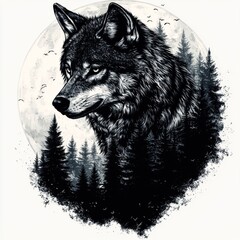 Fototapeta premium Majestic Wolf Silhouette Surrounded by Forest and Full Moon in Artistic Black and White Illustration
