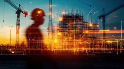 Blurry Silhouettes of Workers Amidst Construction at Sunset
