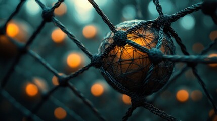 Glowing sphere in net with bokeh lights