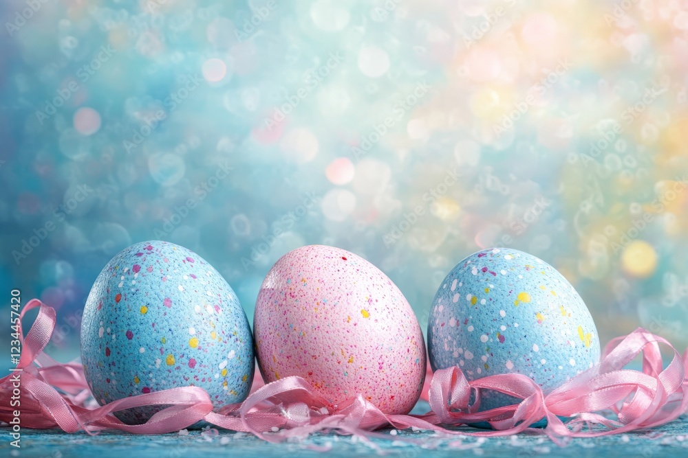 Aufkleber colorful decorative easter eggs on a vibrant background with soft bokeh lights and ribbons