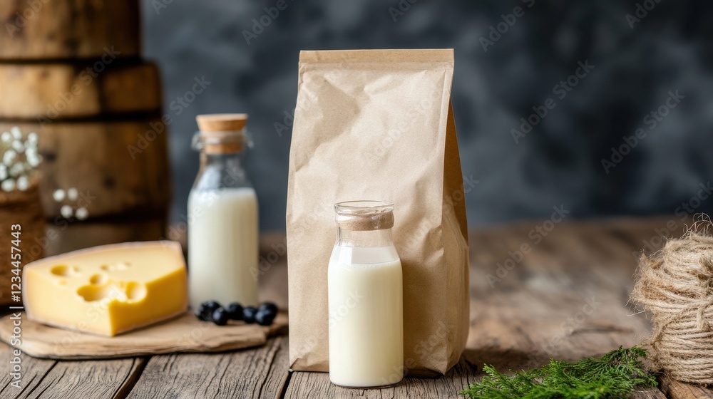 Poster fresh milk and cheese displayed on a rustic wooden table with a blurred background
