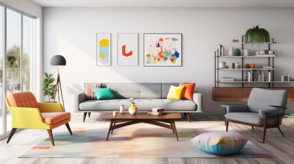 Bright living room with mid-century furniture, vibrant art, and abundant natural light creates a chic and cozy atmosphere.