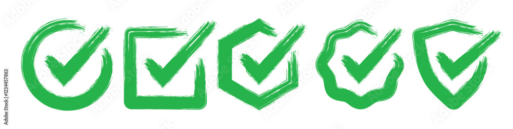 Poster set of check mark in grunge style. chalk check mark set. brush hand drawn circle green check mark . 