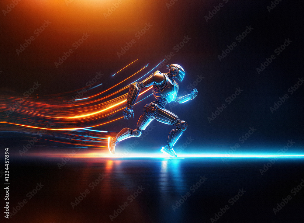 Poster A chrome robot sprints across a dark, reflective surface, leaving glowing trails of orange and blue light in its wake.  Its speed and futuristic design create a sense of dynamism and technological adv