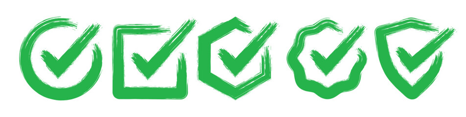 Set of Check Mark In Grunge Style. chalk check mark set. Brush hand drawn circle Green Check Mark . You can use it in your work. Vector illustration chalk check mark set © UniquePackages