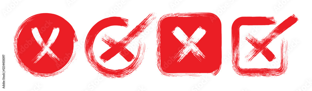 Poster set of grunge red cross mark in grunge style. brush hand draw square and circle red cross icons. you