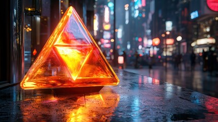 Glowing Triforce on rainy city street at night